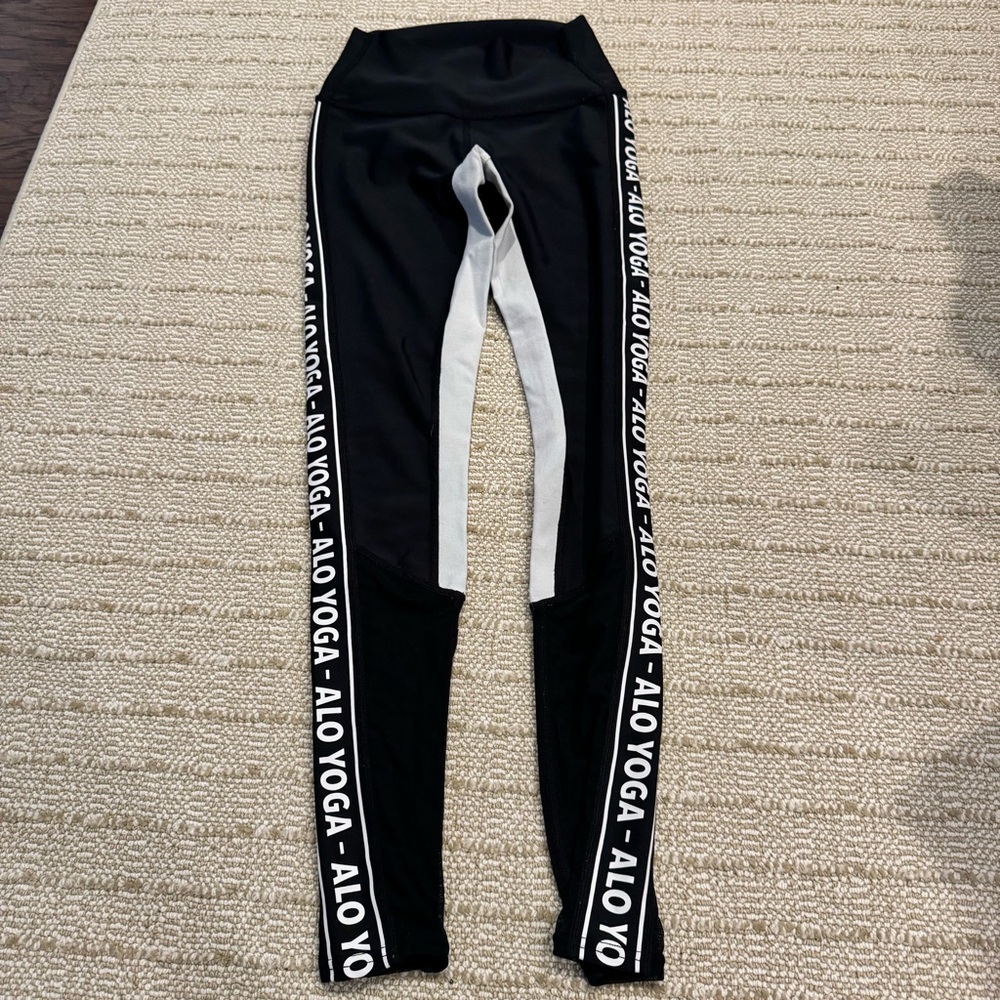 Alo Yoga Mesh High Waist Trainer Black White Logo Stripe Leggings | XS - Picture 3 of 10